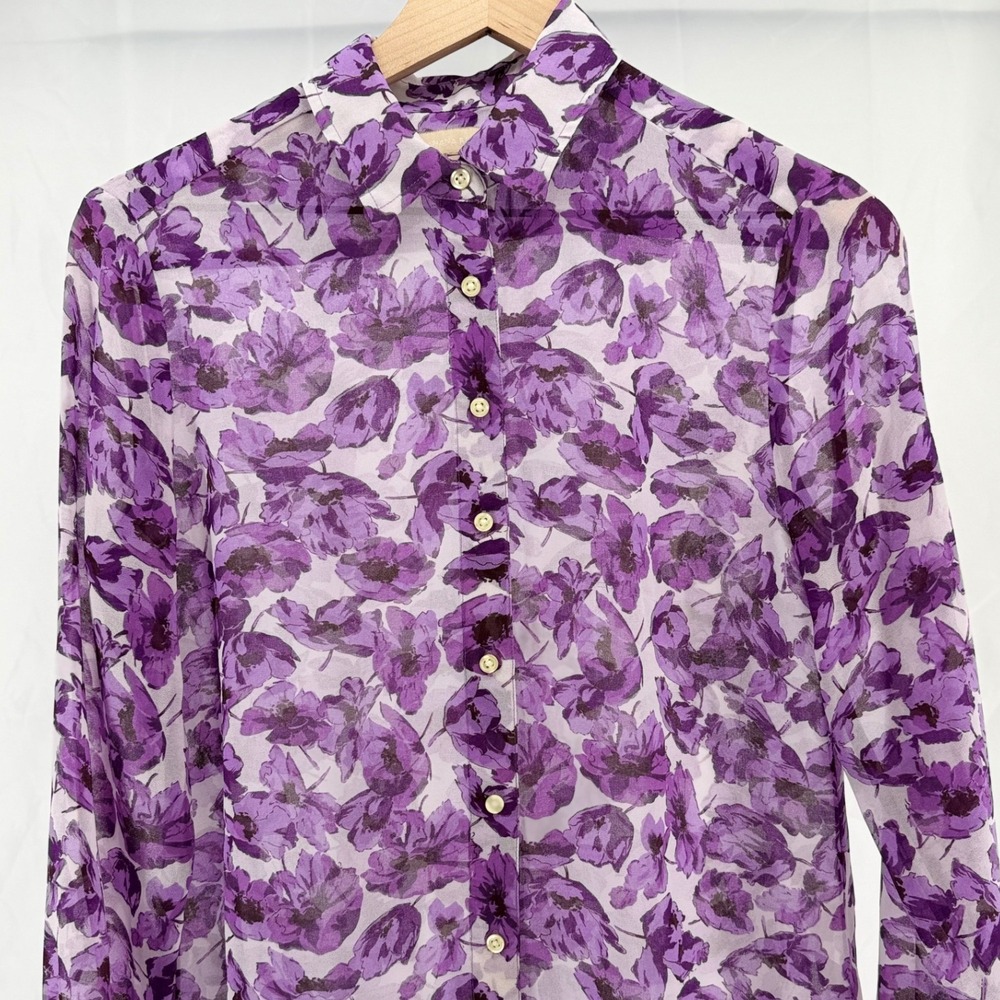 Banana Republic Purple Boho Poppy Floral Chiffon Blouse Sheer Top Tie Bow Size 6 - Picture 3 of 9